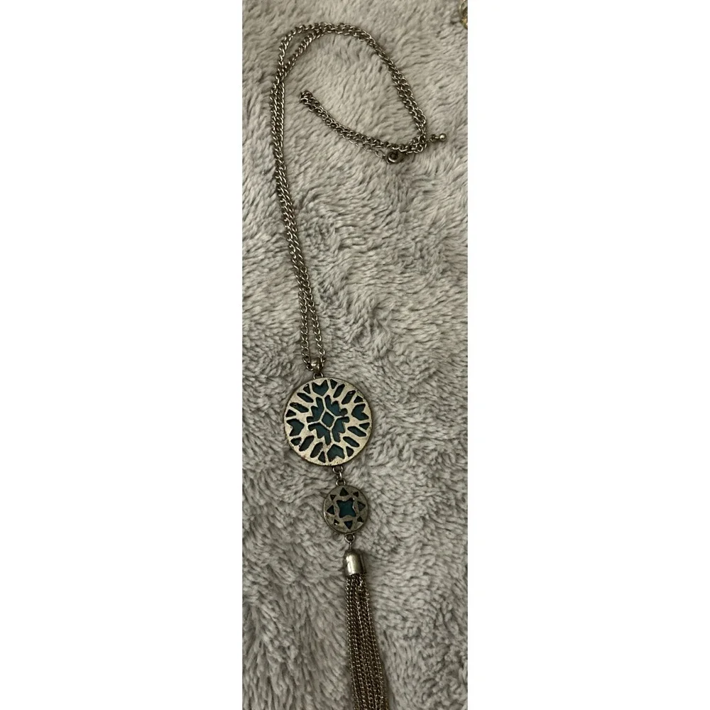 Boho Silvertone‎ And Green Stone Statement Necklace